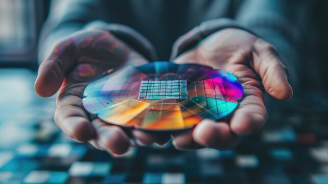 Hands offering a colorful microchip silicon wafer - Hands extend outwards, offering a multicolored silicon wafer used in the production of computing chips