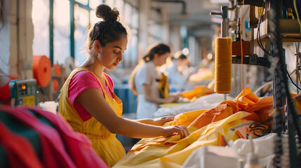 jovem moça trabalhando em uma fábrica de costura de roupas, tecido produção dedicação esforço