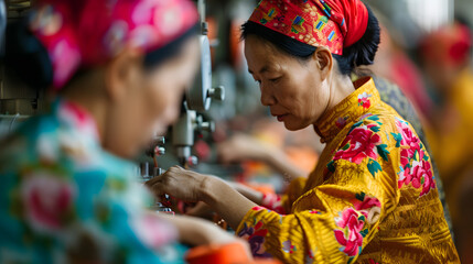 中国の縫製工が、縫製工場で不安定な労働環境で働いています。労働権の搾取