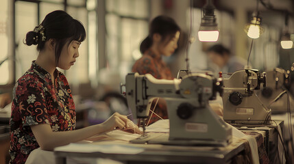 Chinese seamstresses working in precarious working conditions at a sewing factory