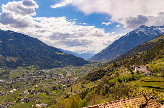 View from Dorf Tirol to church St. Peter, villages Algund and Plars and the Vinschgau Valley