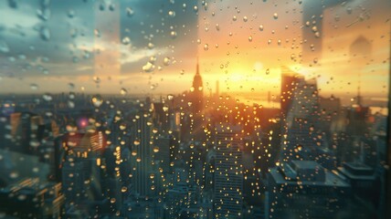 Fototapeta premium Sparkling raindrops on glass with city lights - Sparkling raindrops on glass with blurred city lights in the background at dusk, capturing a moody urban rain scene