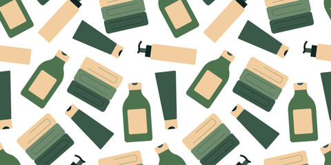 Pattern of caring cosmetics and towels. Tube and bottles. Seamless print shampoo, gel, cream. Hygiene products for skin and hair care. Scattered Goods. Color image - green, beige. Vector illustration