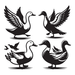 Vintage Duck Silhouettes, Duck Silhouette Art,  Duck Silhouette Graphics, Duck Pond Illustration, Black and White Duck Silhouettes, Duck Silhouette in Monochrome