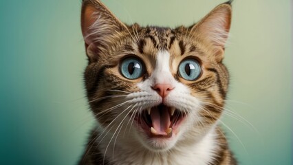 Startled wide eyed cat with an open mouth on a teal background