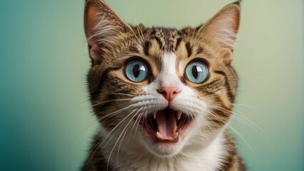 Obraz premium Startled wide eyed cat with an open mouth on a teal background
