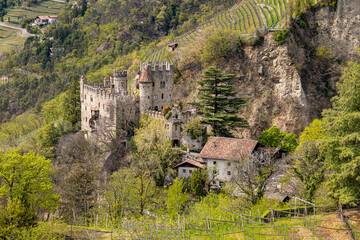 View to Brunnenburg castle near Dorf Tirol South tyrol, Italy seen from hiking trail to Castle Tyrol - obrazy, fototapety, plakaty
