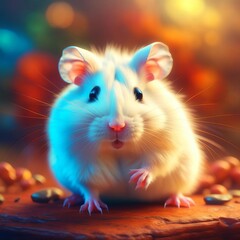 White hamster looking at camera in neon blue light against yellow blurred lights