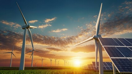 Solar panels and wind turbines in a field at sunset