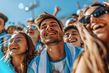 Argentine football soccer fans in a stadium supporting the national team, Albiceleste, Gauchos
