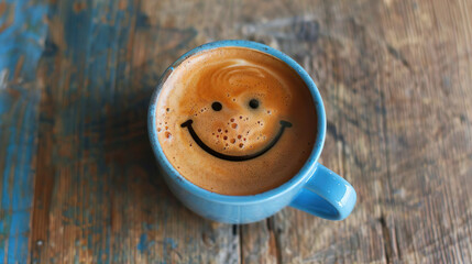 blue cup of coffee with smilie face on wooden table
