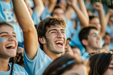 Uruguayan football soccer fans in a stadium supporting the national team, La Celeste
