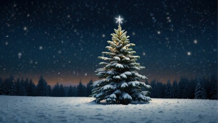Illuminated Christmas tree with falling snow at night