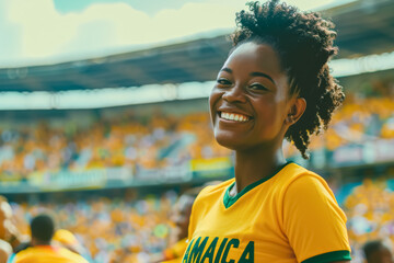 Jamaican football soccer fans in a stadium supporting the national team, The Reggae Boyz
