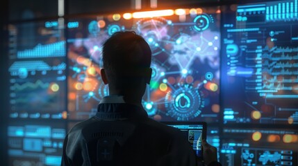 Futuristic Business Man with Holographic Computer