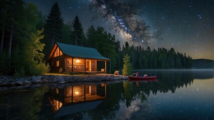 Fototapeta premium Starry night over a secluded lake cabin
