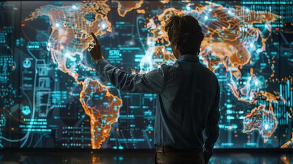 a businessman analyzing data standing in front of a big digital futuristic screen with world map