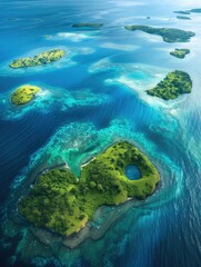 Island shaped like a heart amidst blue waters - Stunning aerial view of green islands forming a heart shape surrounded by the vibrant blue sea