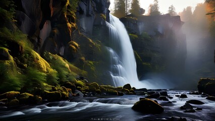 Breathtaking beauty of a waterfall cascading down a rocky cliff in a remote wilderness