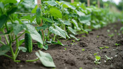 Young Cucumber Plants Growing on Garden Soil