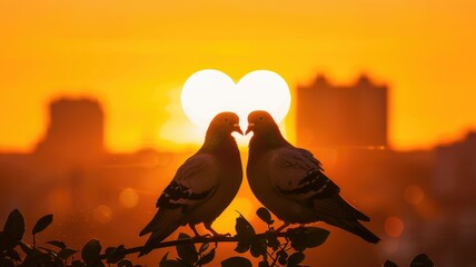Silhouetted pigeons kissing at sunset - Two pigeons appear as silhouettes against a heart-shaped sunset backdrop, evoking feelings of love and companionship - obrazy, fototapety, plakaty