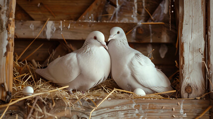 Elegant Picture of White Pigeons Engaged in Successful Breeding in a Rustic Dovecote