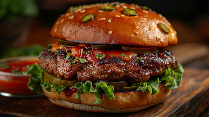 Gourmet Grilled Beef Burger with Fresh Vegetables