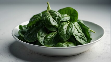 Fresh spinach leaves on white plate