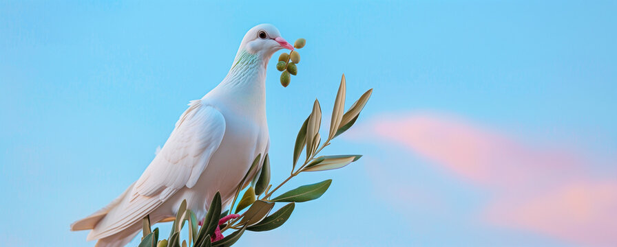 Experience serenity as a white dove gracefully carries an olive branch into a boundless blue sky - Pentecost  or Peace theme