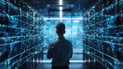 Big Data Center Chief Technology Officer, stands in storage, digitization lines of information flowing through servers. SAAS, cloud computing, web service