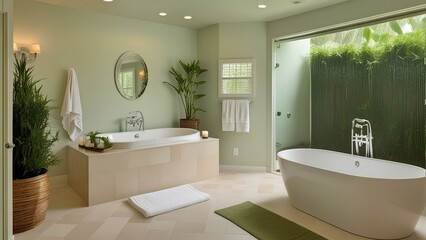 Master bathroom embodying tranquility muted pastel wall hues ambient lighting illuminating opulence 