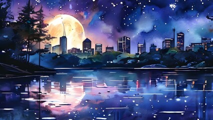 Night cityscape watercolor city buildings lights casting reflections and long shadows on a lake