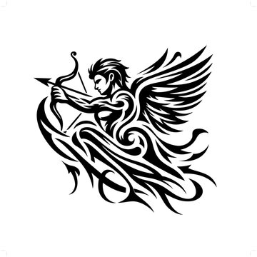 cupid in modern tribal tattoo, abstract line art of people, minimalist contour. Vector