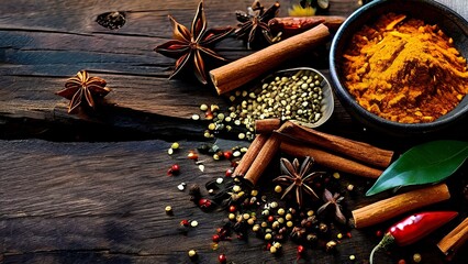Spices and ingredients of Indian cuisine vibrant colors carefully arranged on a rustic wooden table