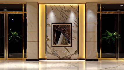 Sophisticated foyer with an ornate gilded mirror reflecting the vibrant statement wall art ambience