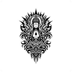 guan yin; deity mythology in modern tribal tattoo, abstract line art of deity, minimalist contour. Vector