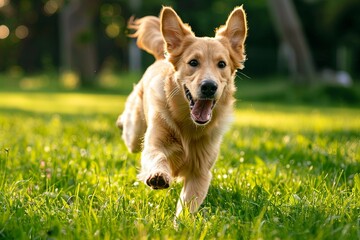 Energetic dog runs with mouth agape in vibrant green grass, expressing pure happiness on sunny day