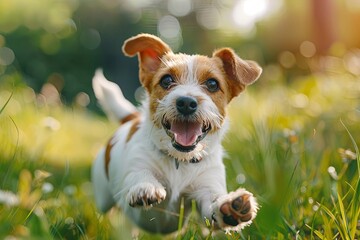 Joyful small pup brown and white dog runs happily through lush grass of meadow barking in delight