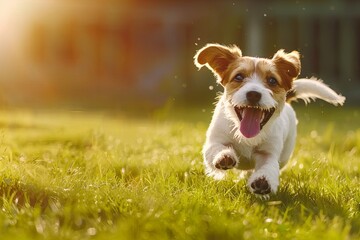 Spirited pup white and brown dog joyfully runs and barks in lush green meadow under warm daylight