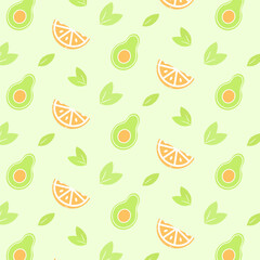 Vector seamless pattern with oranges, avocados and green leaves