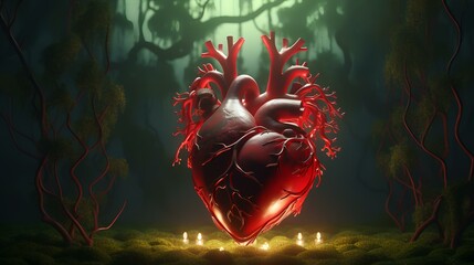 3d rendering of a human heart and candles in the dark forest