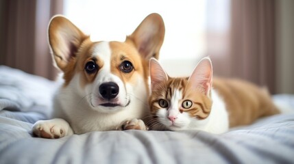 A cute corgi dog and an adorable cat lying on the bed, looking at camera, 