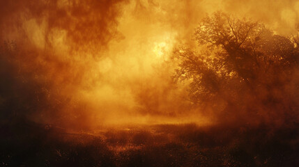 Mysterious wisps of sepia smoke drifting across an orange twilight sky, enveloping the landscape in...
