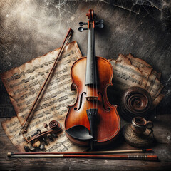 Violin music instrument on grunge background  for social media poster or card created with generative ai	
