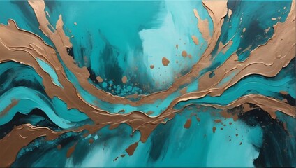 Luxury acrylic painting made with brush stroke, abstract hand-drawn art, textured background with turquoise and bronze accent. - obrazy, fototapety, plakaty