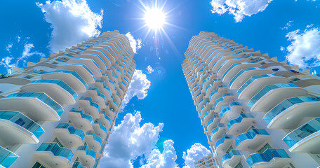 skyscrapers in the sky. Looking skyward at a vibrant array of colorful high-rise buildings framing a clear blue sky within a bustling city - obrazy, fototapety, plakaty