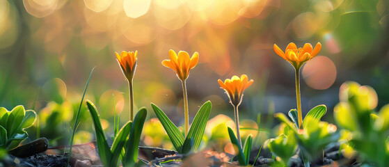 Golden hour bloom of orange crocus flowers