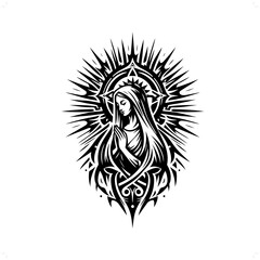 virgin mary in modern tribal tattoo, abstract line art of people, minimalist contour. Vector