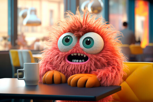 Surprise and delight. Delighted restaurant customer. Funny shaggy character froze in a surprised pose, with his eyes wide and his mouth open, at a table in a cafe.