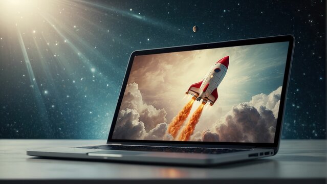 Laptop screen displaying a rocket launch amidst clouds and stars